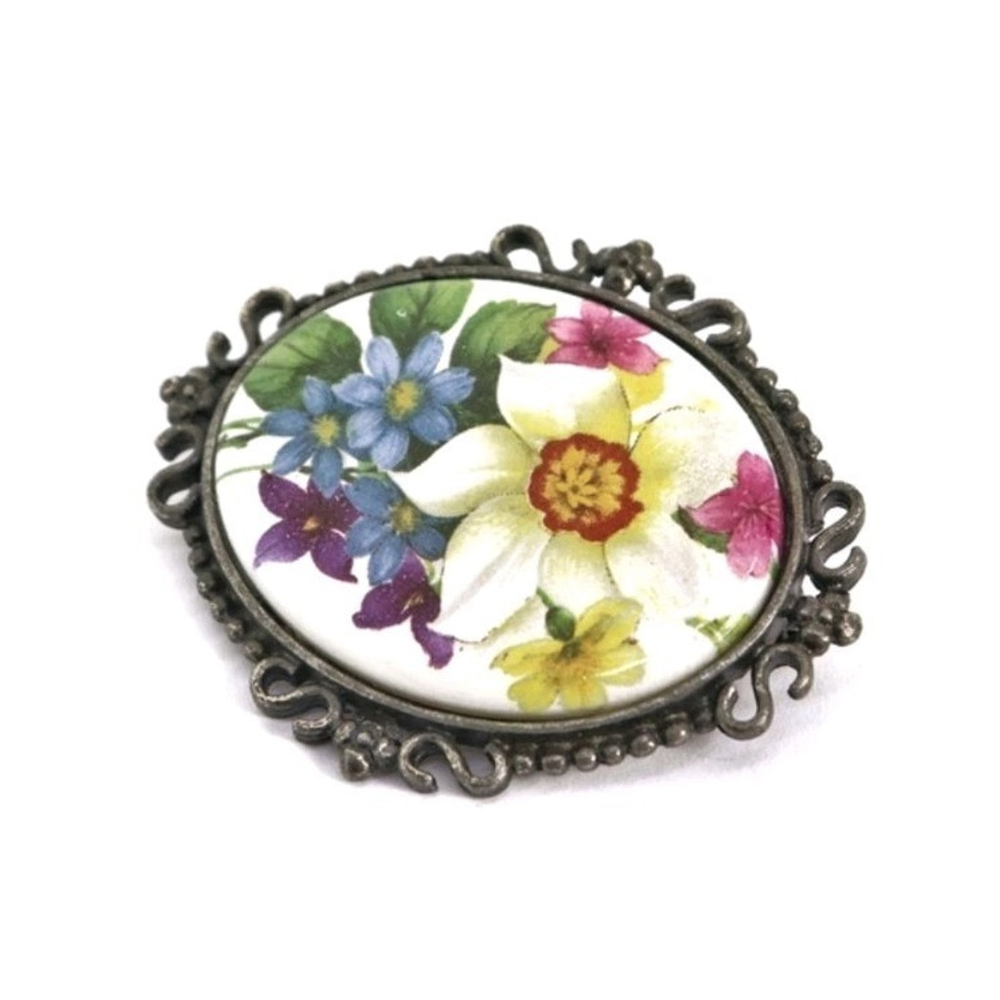 Vintage MCM CR Charles Rose Porcelain Floral Hand Painted Brooch Staffordshire
